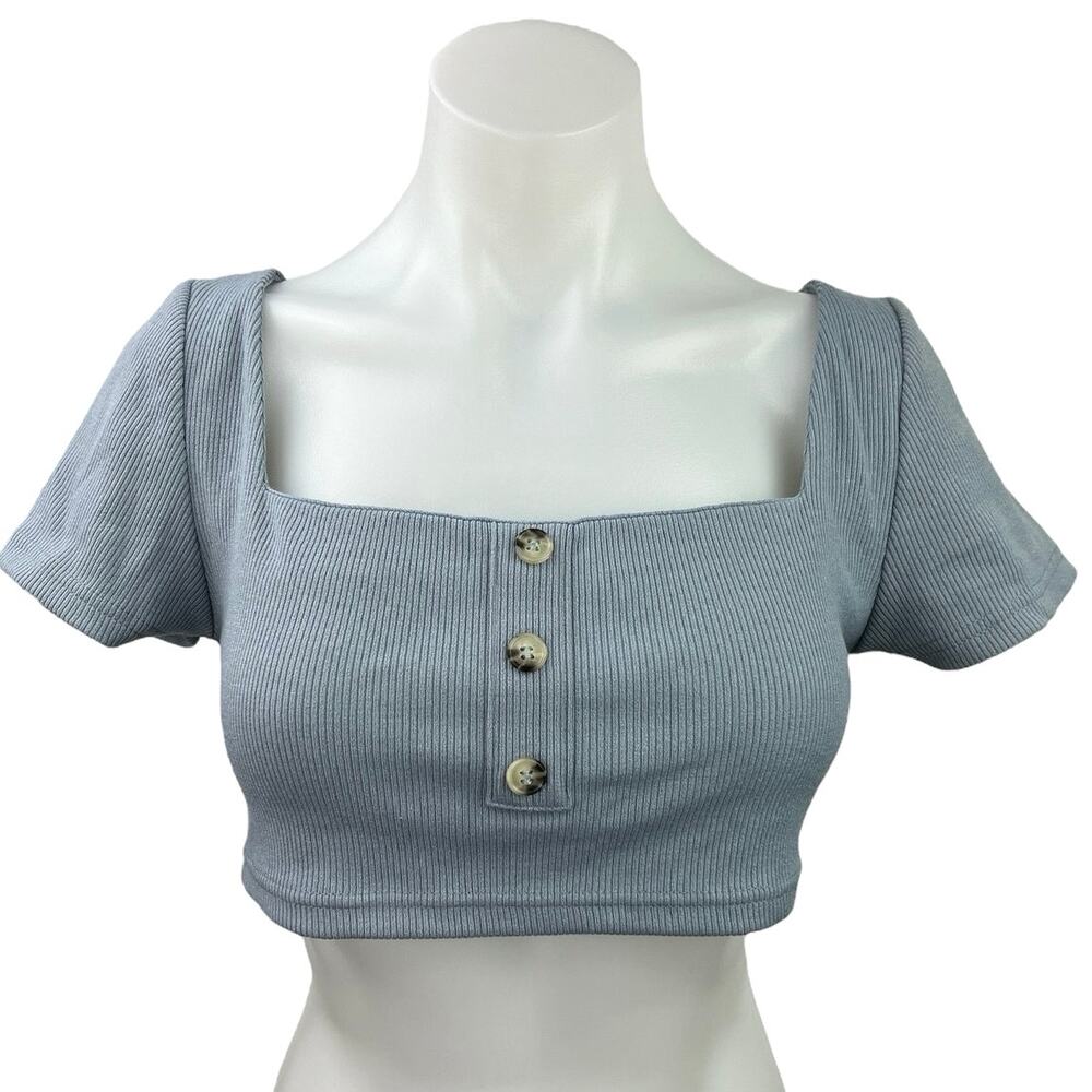 NEW Sabo Skirt Blue Ribbed Square Neck Short Sleeve Stretch Knit Crop Top Size S